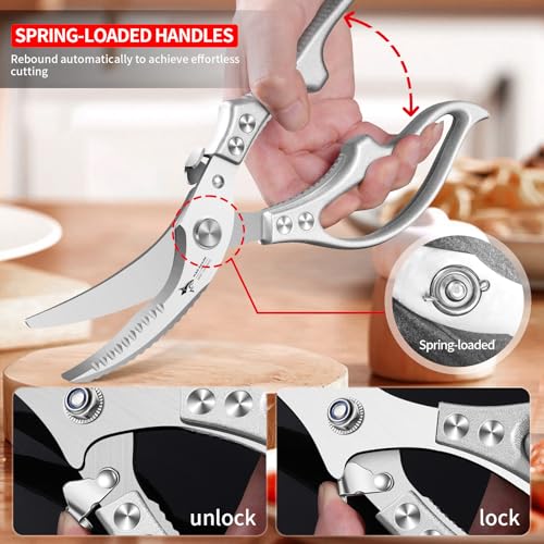 MAD SHARK Heavy Duty Poultry Shears, Kitchen Shears with Non-Slip Handle & Safety Lock, All Purpose Kitchen Scissors for Chicken, Meat Cutting, Turkey, Fish, Vegetables, Spring Loaded, Dishwasher Safe