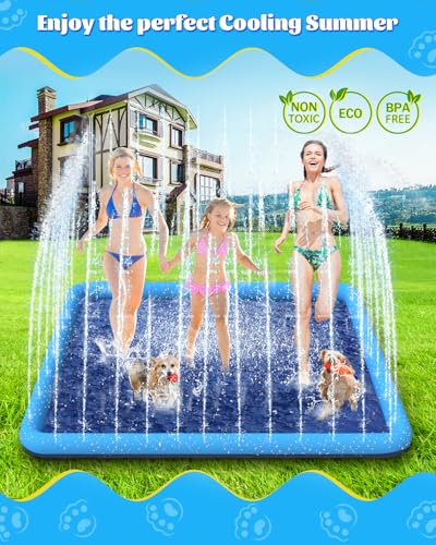 Raxurt Splash Pad, 107"- 80" Non-Slip Splash Pad for Kids and Dogs, Thickened Durable Square Dog Pool with Sprinkler Summer Outdoor Water Toys for Toddler Girls Boys Children Pet (Blue)