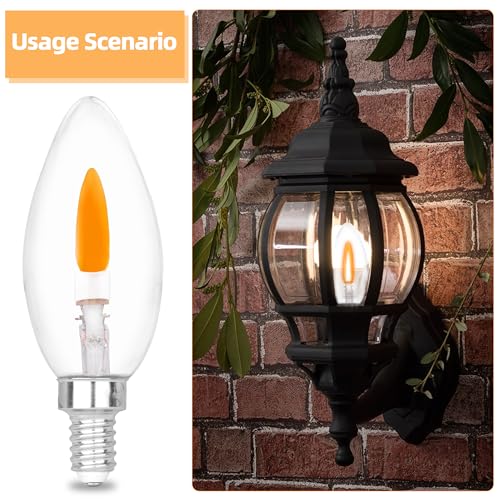 HEWA-Tech E12 Base (Miniature Screw) C35 Flame Tip Flicker Bulbs - Crystal Clear Candle Light with Orange Glow Effect for Halloween， E12 Non-Dimmable