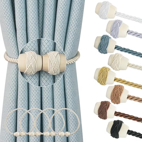 Curtain Tiebacks Magnetic Rope Tie Backs Handmade Curtains Holders for Drapes Outdoor Decorative Window Holdbacks, Beige 4Pack