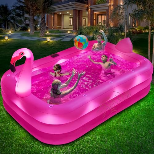 Inflatable Pool with Lights, Solar Flamingo Swimming Pool for Kids,Adults Inflatable Blow up Pool, Large Kiddie Pool,Durable Thickened Kids Pool for Backyard,Outdoor,100"X63"X20"-Bright Pink