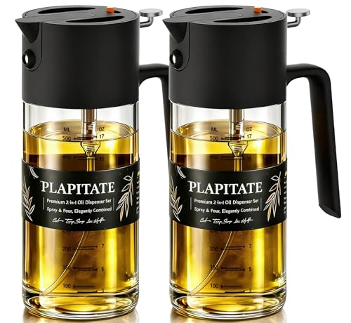 2Pcs 17oz Premium Olive Oil Sprayer for Cooking, 2 in 1 Glass Olive Oil Dispenser Bottle for Kitchen Gadgets, Spray Bottle with Portion Control for Salad, Frying, BBQ (2 Black)