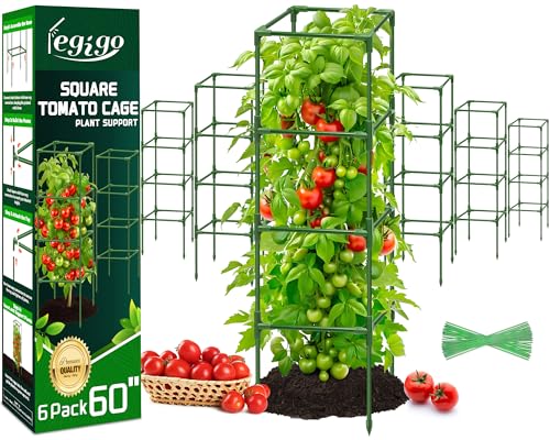 Legigo 6 Pack Square Tomato Cages- 60 Inch Heavy Duty Tomato Trellis for Climbing Plants Outdoor, Tomato Plant Support Stakes Cage Garden Trellis for Garden Raised Garden Bed Cucumbers Vegetables
