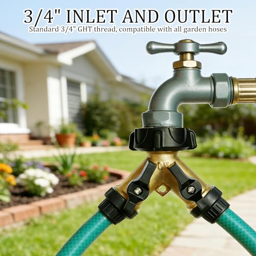 Hourleey Brass Garden Hose Splitter 2 Way, 3/4 Inch Hose Connector Tap Splitter, Hose Y Splitter, Hose Spigot Adapter 2 Valves with Extra Rubber Washers