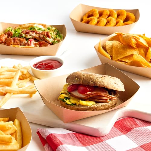 ZORRITA 2 Lb Paper Food Trays - 100 Pack Disposable Nacho Trays Brown Food Boats Take Out Basket Holders for Serving Party Snacks Hot Dogs Tacos Fries