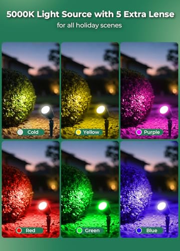 Halloween Spotlights Outdoor, 120V Plug-in Christmas Spot Light, 5000K LED Landscape Lighting with 5 Color Lenses (Red Green Blue Purple Yellow)