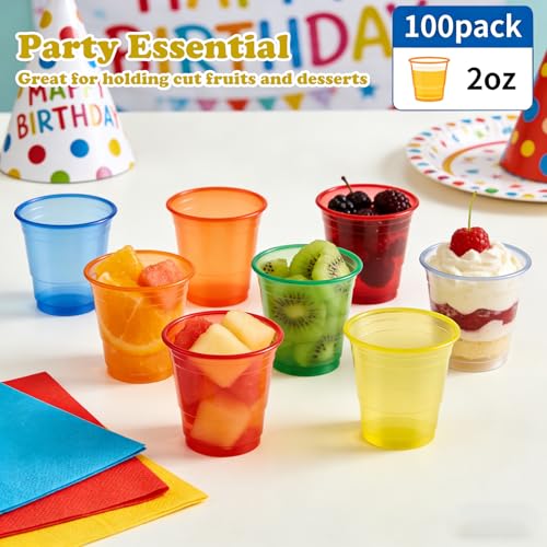 100 Pack 2 oz Clear Disposable Plastic Shot glasses, Mini Disposable Shot Cups for Winter Parties, Birthdays, Weddings, BBQs, Picnics & Daily Use(Neon)