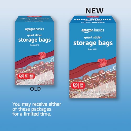 Basics Slider Quart Food Storage Bags with Stand-Up Bottom, Easy to Fill, BPA Free, 120 Count (Previously Solimo)