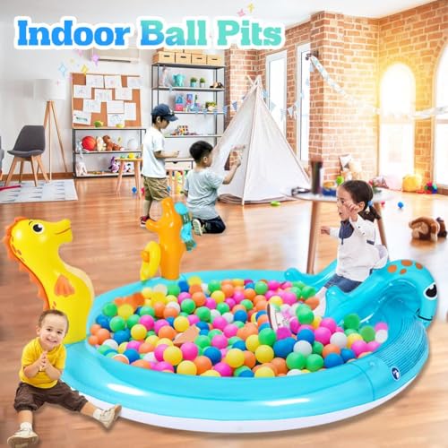 Sea Animal Inflatable Kids Pool with Slide and Sprinkler, Inflatable Play Center with Rings & Animal Figures, 78"x59.5"x15.5" Kiddie Pool for Summer Outdoor Backyard