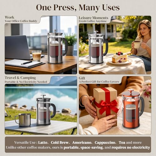Veken French Press Coffee Maker 34oz, No Plastic Touching Cafe,Thickened Glass Stainless Steel Brewer, Cold Brew Cafetera Tea pot for Kitchen Travel Camping, Gifts, Decor, Bar Accessories, Dark Pewter