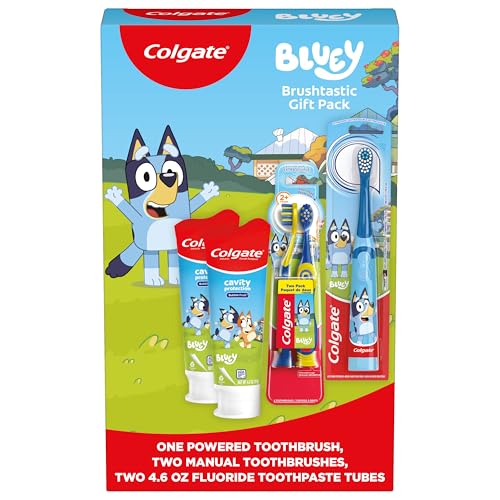 Colgate Kids Bluey Toothbrush and Kids Toothpaste Gift Set, Includes Bluey-Themed Battery Toothbrush, 2 Bubblegum Flavored Fluoride Toothpastes, and 2 Manual Toothbrushes