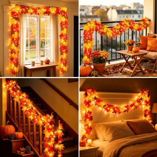 Fall Decorations for Home 9Ft Plug in Fall Garland with Lights Lush and Thicker Large Leaves, 50 Orange Bulbs Prelit Connectable UL Certified Fall