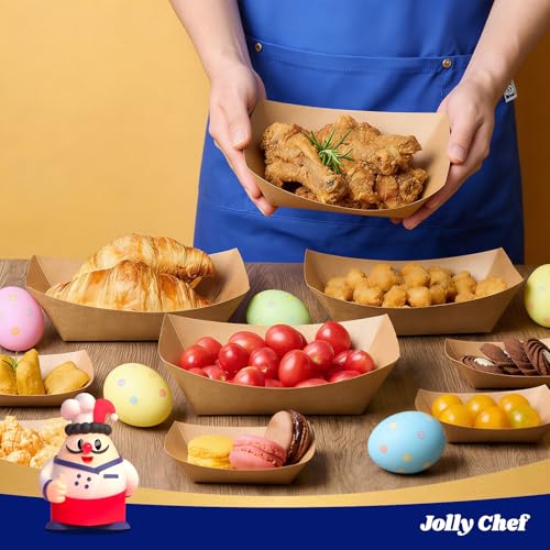 JOLLY CHEF 3lb Paper Food Trays,250 Pack Disposable Boat, Extra Large Food Serving Holder Tray for Gameday,Party, Nachos, Hot Dogs, Taco, French Fries