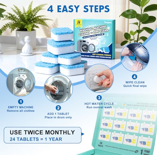 Washing Machine Cleaner Tablets and Deodorizer: 24 Pack Laundry Machine Tub Descaler Cleaner, Deep Cleaning Household Pods for HE Front Loader Top Load Washer, Septic-Safe Eco-Friendly - 1 Year Supply