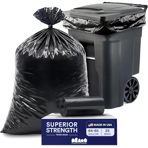 Plasticplace 64-65 Gallon Black Trash Bags, Heavy Duty Toter Can Liners, Tear & Leak-Proof, Industrial Strength, 25 Count, Large Garbage Bags for Kitchen & Commercial Use 1.2 Mil, 50" x 60"