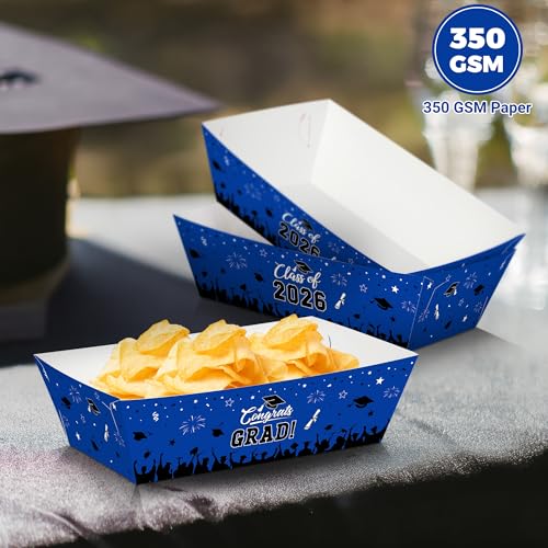50 Pcs Graduation Decorations 2026, 2 Styles Graduation Food Trays Blue Serving Trays, Congrats Grad Class of 2026 Disposable Paper Plates Easy to Assemble Grad Table Decor Hot Dog for Party Supplies