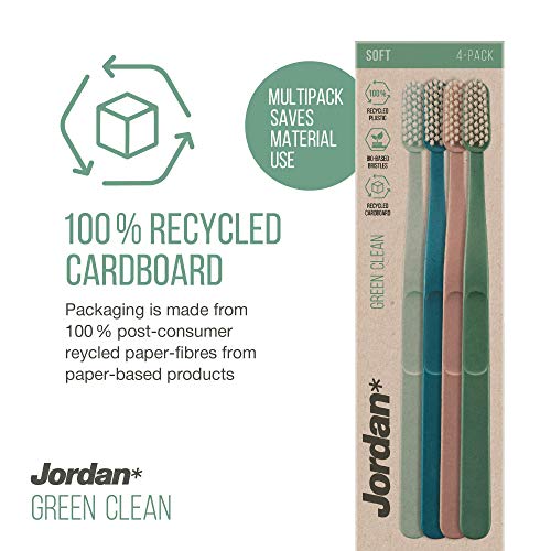 Jordan* ® | Green Clean Manual Toothbrush | Sustainable, Scandinavian Design, Soft Bristles, Mixed Colors | 4 Units