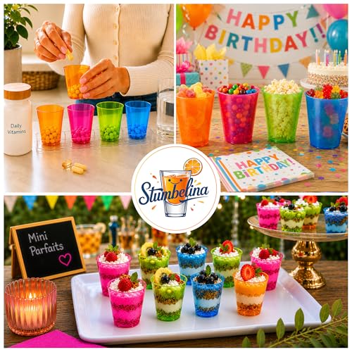 Stumbelina 100 COUNT (1 oz) NEON PLASTIC SHOT GLASS CUPS | BRIGHT MULTI-COLOR Variety Pack | Disposable Party Mini Cups | Perfect for Jello Shots, Dessert Shooters, Parties, Weddings, Bars