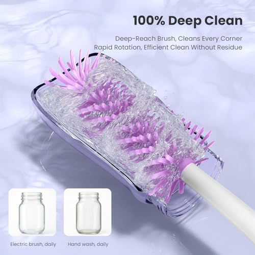 Electric Bottle Brush Cleaner Set, Bear-Shaped Travel Baby Bottle Cleaner Kit with Silicone Nipple & Straw Brush, Soap Dispenser, Drainage Rack, Storage Box(Purple)