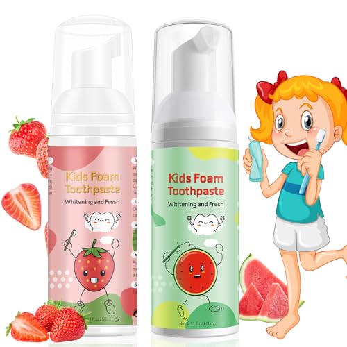 Foam Toothpaste Kids, Toddler Toothpaste with Low Fluoride, Kids Toothpaste, Foam Toothpaste for Children Ages 3 Plus (2PCS, Watermelon+Strawberry)