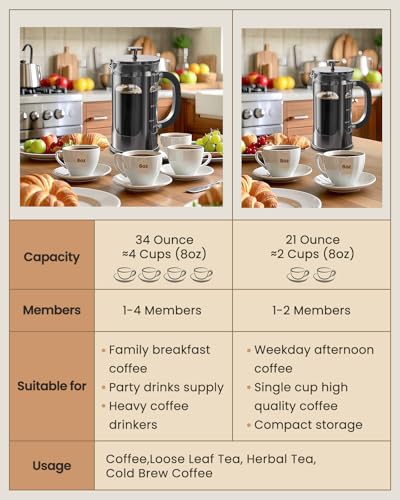 BAYKA French Press Coffee Maker, Easy to use,Large 304 Stainless Steel Coffee Press, Cold Brew Heat Resistant Thickened Borosilicate Coffee Pot for Camping Travel Gifts, 34 Ounce, Dark Pewter
