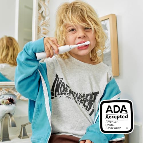 Made by Dentists Kids Electric Toothbrush - Rechargeable Vibrating Toothbrush with Timer, Includes 6 Replacement Heads, Gently Cleans Teeth, Kid & Toddlers Age 2+, Shark