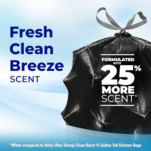 Hefty Ultra Strong Signature Scents 13 Gallon Trash Bags, Fresh Clean Breeze Scent, Tall Kitchen Trash Bags with 25% More Scent Technology, Blackout, 80 Count