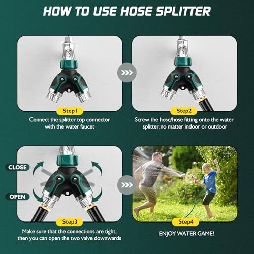2 Way Garden Hose Splitter with Shut Off Valve,Water Spigot Splitter for 3/4" Hose Connector,Heavy Duty Metal Outdoor Faucet Splitter Y Connector for Garden Hose,with 3 Leakproof Washers & 1 tape