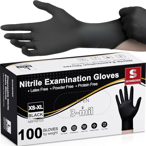 Schneider Nitrile Exam Gloves, Black Latex Free Powder Free Disposable Gloves for Medical, Cooking, Cleaning, and Food Prep