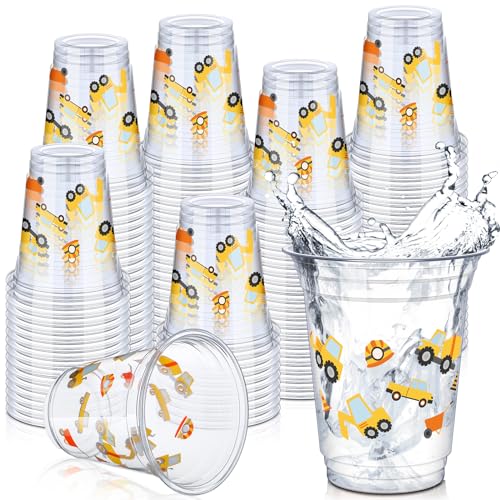 Uiifan 50 Pcs Construction Cups Construction Birthday Party Supplies 12 oz Theme Plastic Cups Disposable Dump Truck Traffic Glasses for Home Birthday Party Favors Supplies Decoration(Stylish)