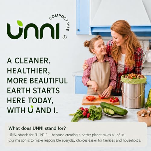 UNNI 1.6 Gallon Compostable Trash Bags with Tie Handles, 50 Count Small Food Scrap Kitchen Compost Bags for Countertop Bin, Certified by BPI, CMA & OK compost HOME, Meets ASTM D6400