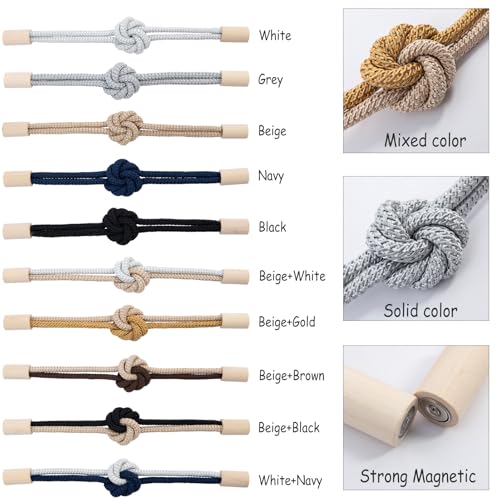 Magnetic Curtain Tiebacks Holdbacks - Wood Tie Backs Rope Holder with Floral Knot Design for No Drill Easy Install, Modern Boho Home Decor (2Pack, Beige)