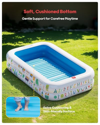 QPAU Kiddie Pool – 65" x 39" Inflatable Pool for Kids & Toddlers, Ball Pit & Baby Pool with Soft Floor, Educational Alphabet & Number, Durable Outdoor Play Toys for Backyard & Indoor Fun (Blue)