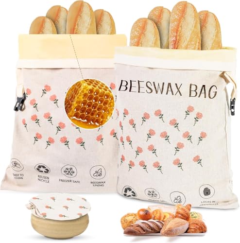 2 Pack Beeswax Bread Bag,17"×13"Reusable Organic Bread Bags for Homemade Bread Sourdough,Linen Outer Lining and Pure Cotton Beewax Inner Lining Moisture-proof &Fresh-Preserving With Buckle&Bowl Covers