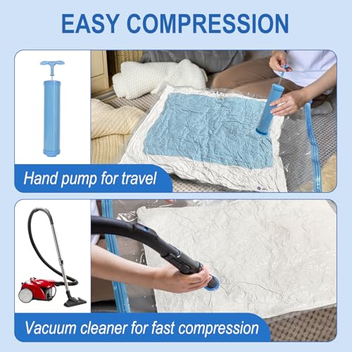 16 Combo Vacuum Storage Bags with Hand Pump, 4 Jumbo + 4 Large + 4 Medium + 4 Small Plastic Packaging Bags, 80% Space Saver Vacuum Seal Bags for Clothing, Travel Lugggage, Blankets, Comforters