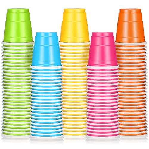 Roshtia 100 Pack 2 oz Plastic Shot Cups, Graduation Mini Disposable Shot Glasses 2 oz Party Cups for Graduation Wedding Party, Beer Taste Serving, Snacks(Multi Colors)