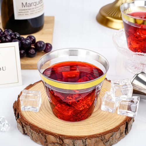 Bestluck 100 Pack 9 oz Gold Plastic Cups, Clear Disposable Cups with Gold Rim, Plastic Cocktail Glasses for Party & Graduation & Wedding