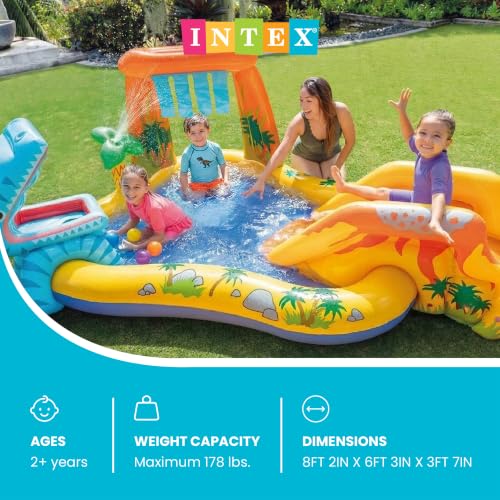 Intex Inflatable Dinosaur Play Center Outdoor Playhouse Inflatable Water Park with Kid Pool Slide, Water Sprayer, Waterfall, and 6 Balls, Multicolor