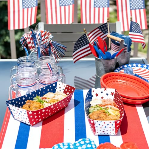 30 Pack Red, White, Blue Star Food Trays, Disposable Paper Serving Containers Boats for Popcorn, Snacks, Food Trucks, 4th of July, Memorial Day, BBQs, Patriotic Parties, Picnics, Summer Party Supplies