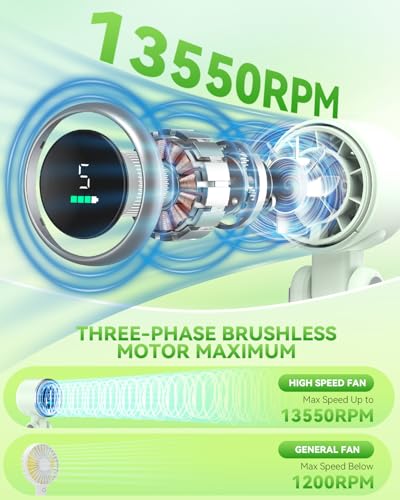 PlayHot Portable Handheld Turbo Fan, 5 Gear Wind, Battery Operated, Up to 12 Working Hours, 3 IN 1 Hand Fan with Air Turbo Tech Cooling Fans for Outdoor Activities, Travel, Beach (Green)
