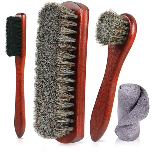 Rolett 4-Piece Horsehair Shoe Brush Shine Kit - Horse Hair Brush for Leather, Premium Shoe Polish brush, Leather Shoe Boot Brushes for Cleaning and Polishing