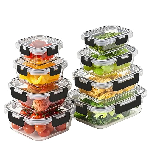 8 Pack Borosilicate Glass Food Storage Containers with Lids, Glass Meal Prep Containers, Airtight Bento Lunch Boxes with Snap Locks, Oven, Freezer and Dishwasher Safe, BPA Free, Kitchen Storage Set