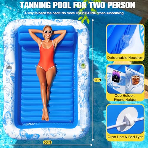 Inflatable Tanning Pool Lounger with Canopy,81"x 60" Large Tanning Floats for Adults, Butterfly Pool Lounger Float,Blow Up Tanning Water Bed with Cup&Phone Holder,Adults Tanning Pools for Backyard