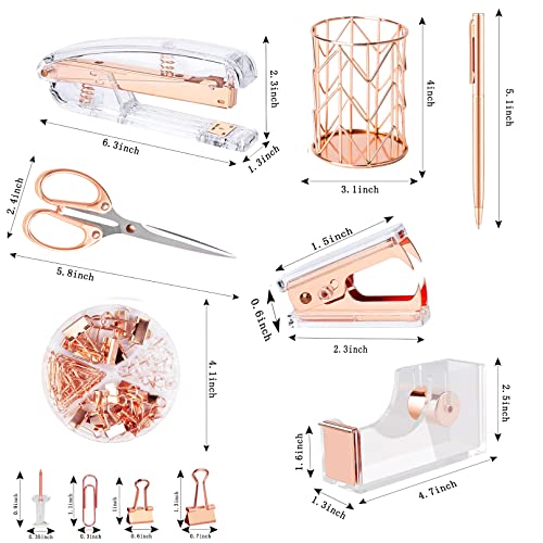 Famassi Rose Gold Desk Accessories，Office Supplies Set Acrylic Stapler Set Staple Remover, Tape Holder, 2 Ballpoint Pen, Scissor, Binder/Paper Clips and 1000pcs Staples.