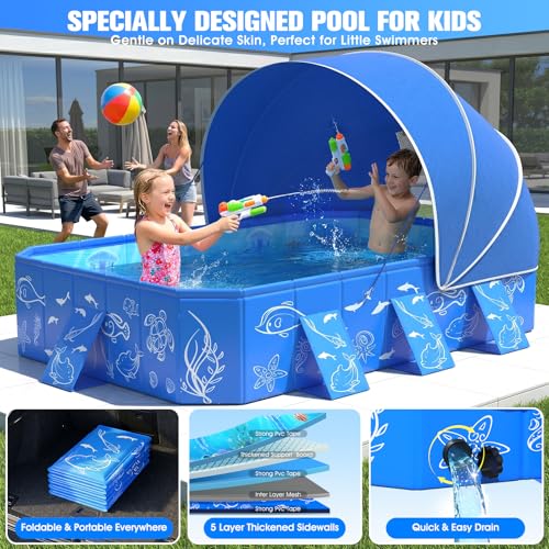 FizZeal Kiddie Pool with Canopy,Baby Swimming Pool for Toddler,Non-Inflatable Portable Pool for Kid,Foldable Toddler Pool with Shade,Kids Pool for Backyard.Outdoor Pop Up Kiddie Beach Pool 53"x40"x33'