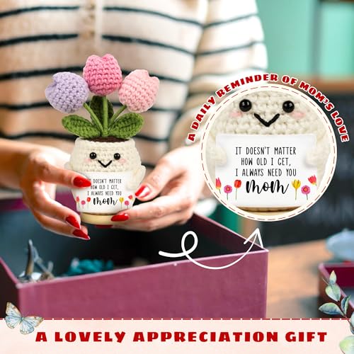 Gifts for Mom from Daughter Son - Cute Mothers Day, Birthday Gifts for Moms, Mother, Mama - 5.51'' x 4.13'' Mother's Day Knitted Positive Tulip Flowers Mom Crochet Doll
