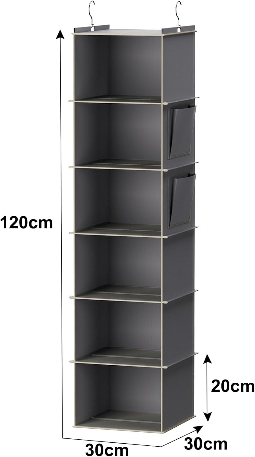YOUDENOVA Hanging Closet Organizer and Storage, 6-Shelf Closet Hanging Storage Shelves, Grey
