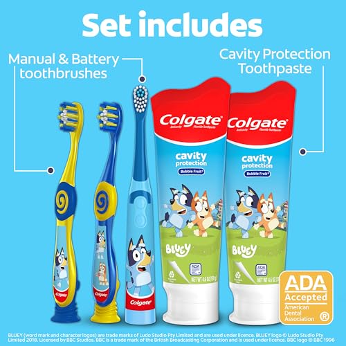 Colgate Kids Bluey Toothbrush and Kids Toothpaste Gift Set, Includes Bluey-Themed Battery Toothbrush, 2 Bubblegum Flavored Fluoride Toothpastes, and 2 Manual Toothbrushes