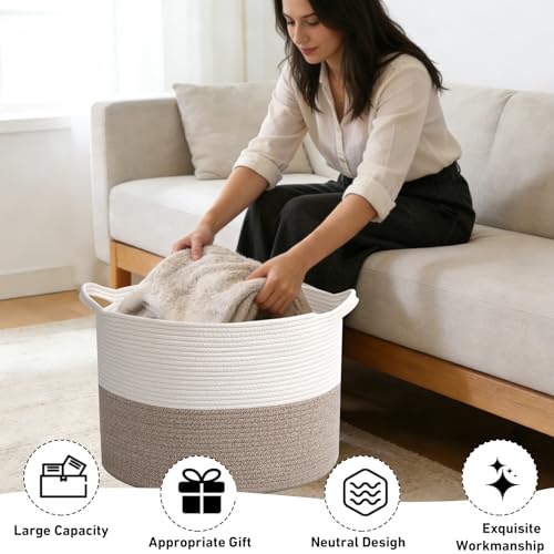 65L Large Woven Cotton Rope Blanket Basket with Handles, Laundry Hamper Storage Bin for Pillows, Clothes, Bedroom and Living Room Organization, White & Brown