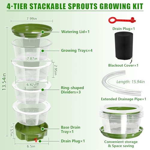 4-Tier Sprouts Growing Kit with Drain Hose & Ventilation Holes, Stackable Microgreens Growing Sprouting Trays Including Blackout Cover, Soil-Free Sprouter for Planting Broccoli Alfalfa Bean Seeds